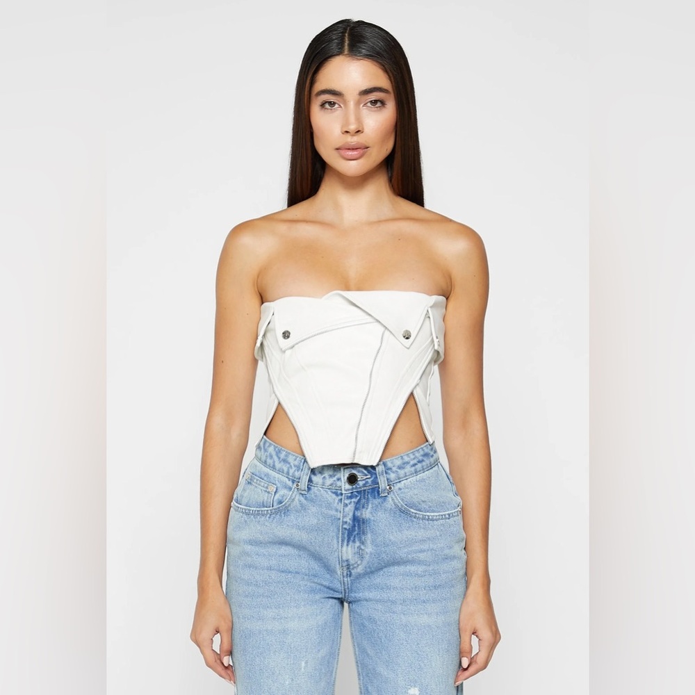 Maniere De Voir Vegan Leather Biker Corset - White